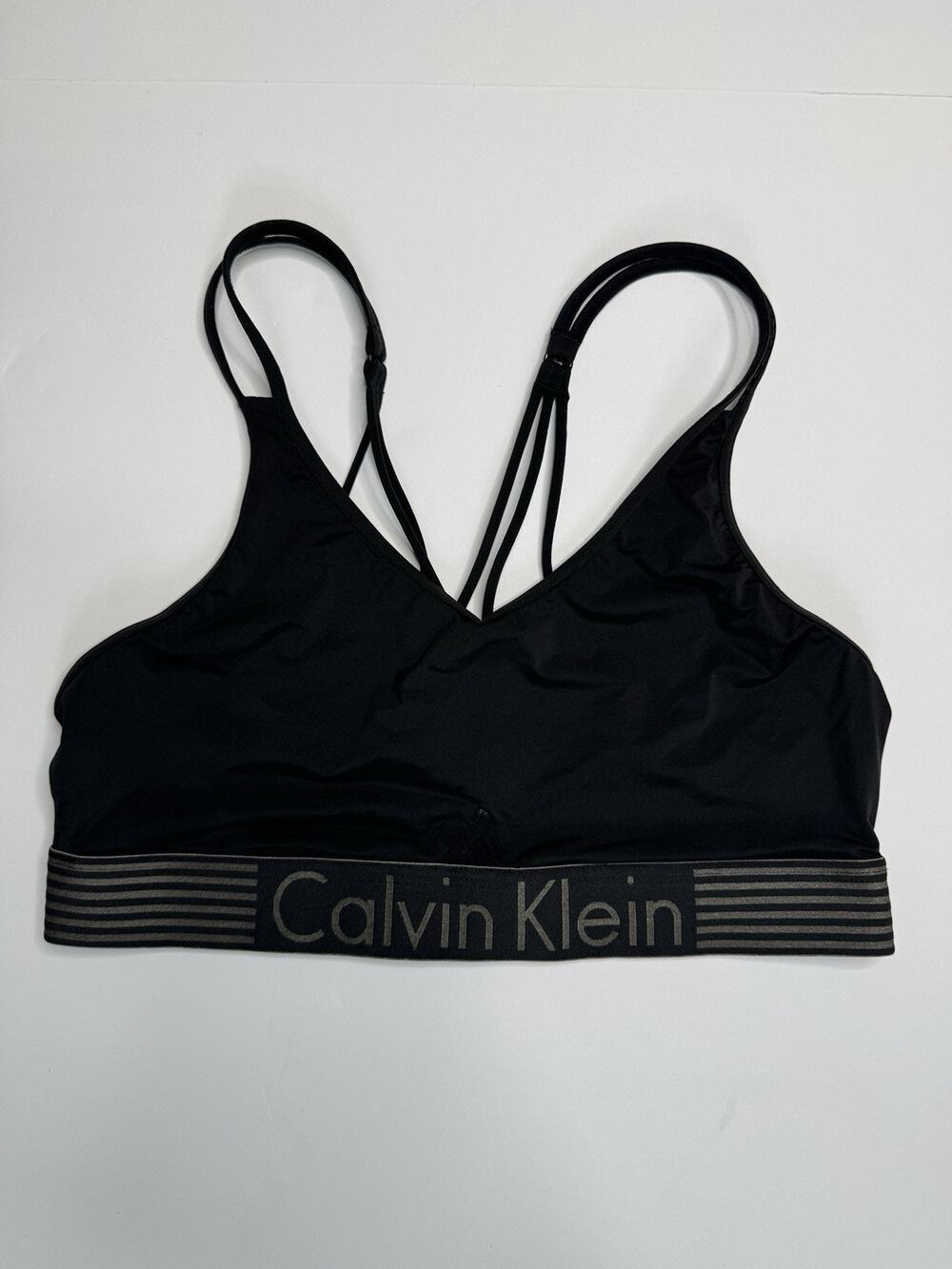 Calvin Klein Womens Large Black Strappy Sports Bra Logo Band Wireless Bralette